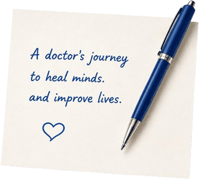 Handwritten sticky note: a doctor's journey to heal minds and improve lives